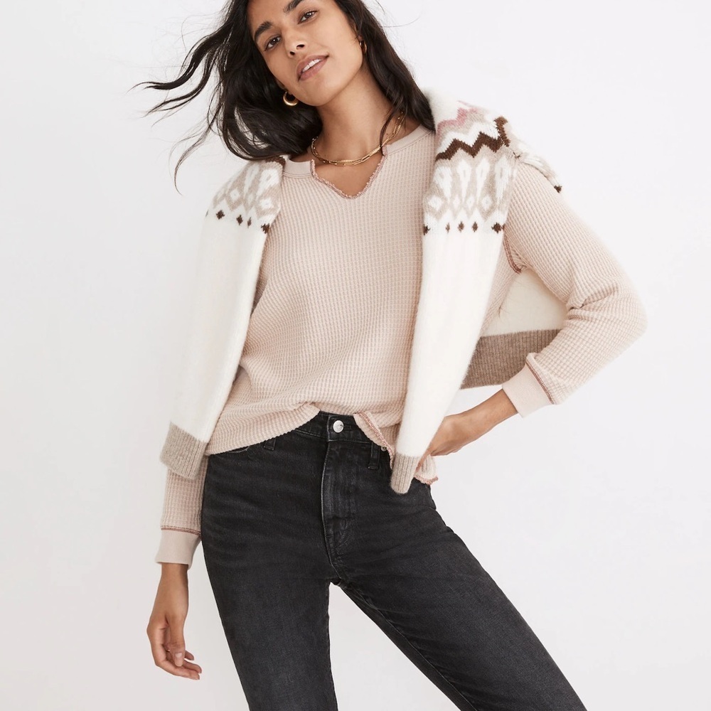 Madewell Split Neck Waffle Knit Cropped Long Sleeve Top Cream Size S